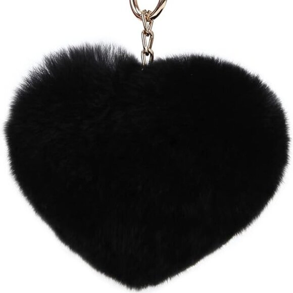 Classy Black Fur Heart Pom-Pom Pearl Accented Large Key Chain Bag Charm - Picture 3 of 6